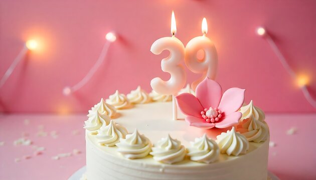 A delightful 39th birthday cake with pink flower and glowing candles against a festive pink background