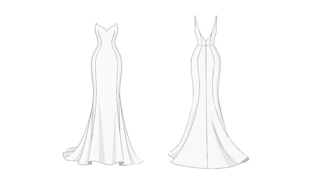 Sleek minimalist technical drawing of an elegant mermaid gown silhouette front and back views essential for fashion design pattern making and