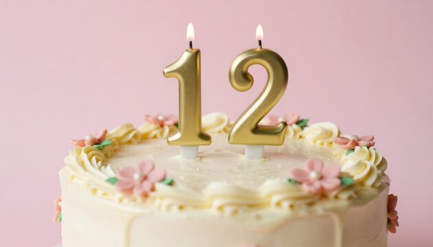 A beautifully decorated birthday cake celebrating a 12th milestone with golden candles