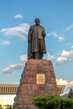 Vertical shot of the monument to the philosopher and poet Abay Kunanbayev. Almaty, Kazakhstan - October 03, 2024