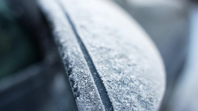 Macro close-up of a car side mirror covered in frost and ice crystals, showing frozen texture on a cold winter morning with shallow depth of field.