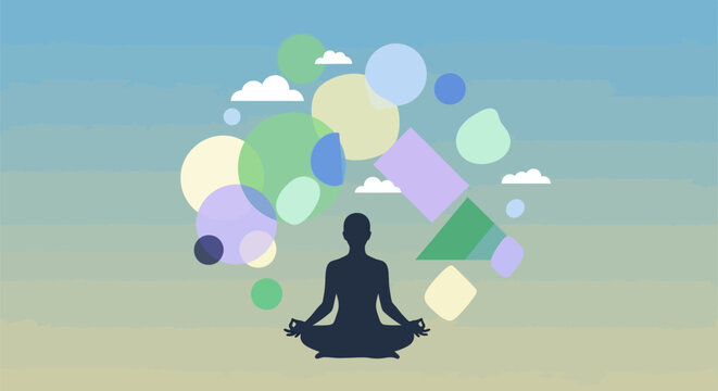 Person meditates in lotus position with colorful thought bubbles rising above head in serene outdoor setting