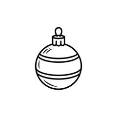 Simple outline illustration of a striped Christmas ornament, classic bauble shape with a hanging loop, isolated graphic.