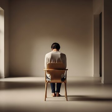 A person sitting alone on a wooden chair in a minimalist beige room with natural light