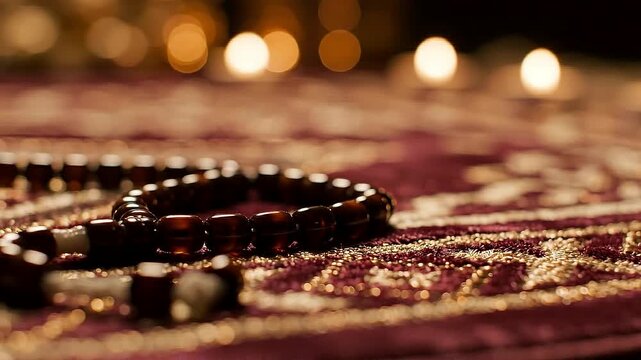 Wooden prayer beads on red and gold patterned fabric with warm candle bokeh, shallow focus, soft glow highlights, intimate devotional scene, rich textures, cozy spiritual ambiance, cinematic macro loo