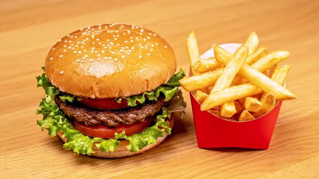 Juicy beef hamburger with lettuce tomato and sesame seed bun served with crispy french fries in red container on wooden table fast food meal