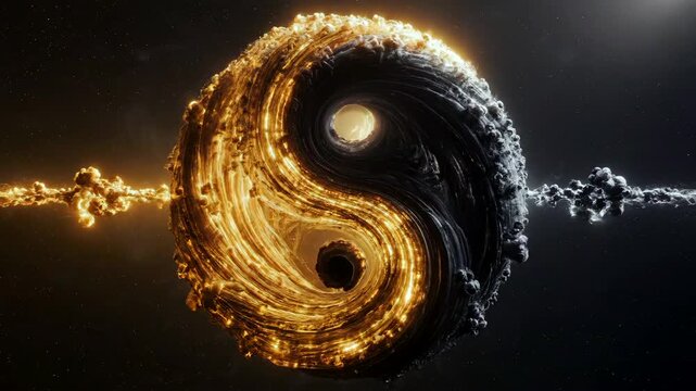 Golden black yin yang symbol rotating, molten gold and dark liquid streams collide with sparks and plasma, cinematic lighting and high contrast, dramatic slow motion, reflective metal