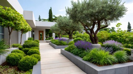 Modern luxury house entrance with olive trees