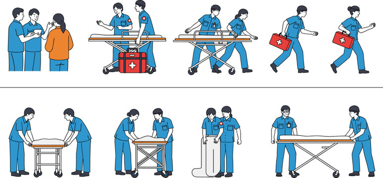 Medical emergency staff and paramedics with stretcher action scenes vector illustration set