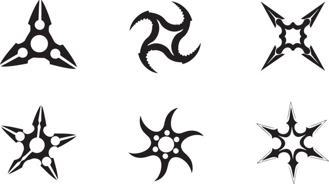 Six Black and White Sketched Star Shuriken Symbols on White Background