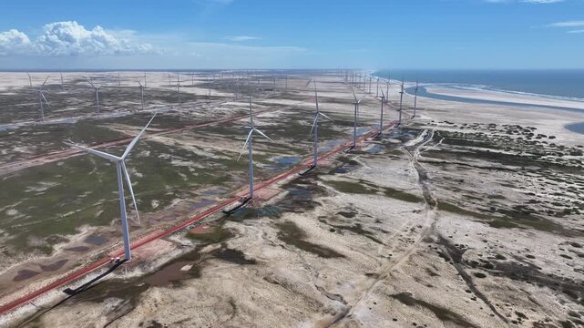 Wind Farm At Paulino Neves In Maranhao Brazil. Wind Turbines Background. Wind Power Energy. Paulino Neves At Maranhao. Sustainable Energy Landscape. Nature Seascape. Outdoors Scenery