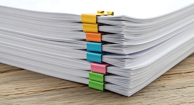 Stack of white paper with colorful binder clips on wooden table. Business document organization concept. Office work management.