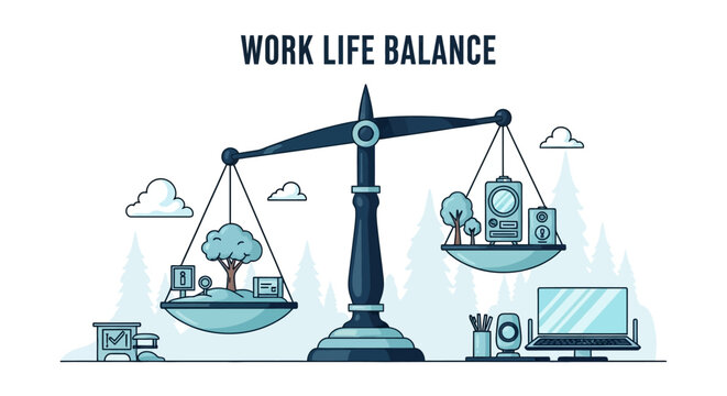 Work life balance concept with scale tree and office supplies on each side