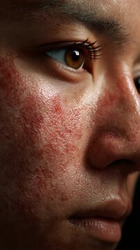 Extreme close-up of sensitive Asian skin with redness and irritation, detailed view of skin texture damaged by chemical exfoliation or BHA.
