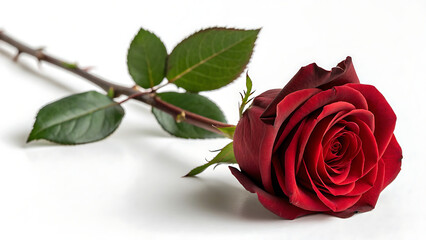 Single Red Rose Horizontal, Velvety Petals, Green Leaves, White Background, Romance, Love