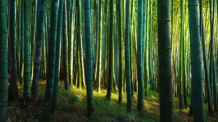 The otherworldly landscape of the bamboo groves in Arashiyama Kyoto with tall green stalks creating perfect vertical lines dappled sunlight in Japan
