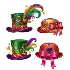 Festive Hat Collection with Mardi Gras Top Hats and Valentine Heart Bowlers, Ornamental Party Costume Accessories Set