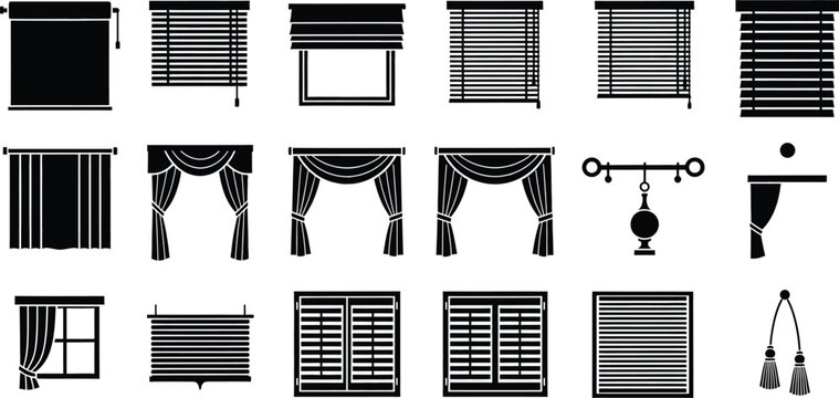 Collection of various window blinds and curtains silhouettes for home decor