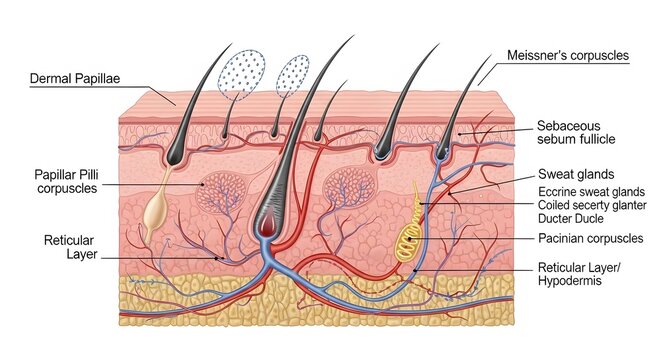 Anatomical cross-section diagram of human skin layers including dermal papillae, Meissner's corpuscles, sweat glands, and Pacinian corpuscles for medical education.