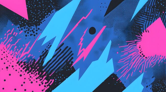 Abstract geometric background with vibrant neon pink and blue shapes including triangles and jagged lines across dark canvas with halftone dot textures and artistic paint splatter elements today