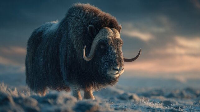 A musk ox with massive curved horns standing defiantly on a frost-covered tundra plateau in East Greenland dramatic stormy sky golden hour