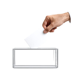 A hand, holding a blank ballot, drops it into a voting box