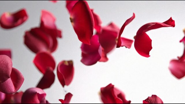 A mesmerizing shower of vibrant red rose petals gracefully descends against a pure white background, symbolizing love, romance, and celebration in a beautiful, dynamic display of natural elegance