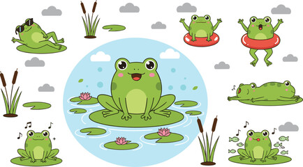 Fototapeta premium Cute frog cartoon character collection with pond scenes, lily pads and playful expressions vector illustration