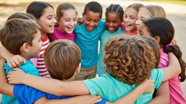 Diverse group of happy elementary school children hugging in a circle outdoors at summer camp, multiethnic kids friendship and teamwork concept