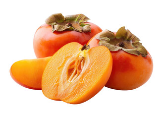 Two whole persimmons and a slice, vibrant orange-brown