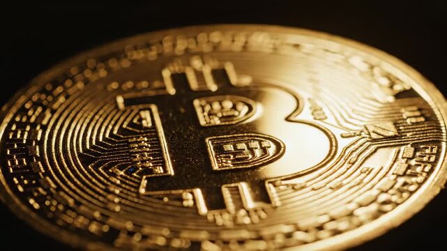 A close-up view of a gold Bitcoin coin with intricate details on a dark background, showcasing cryptocurrency and financial technology