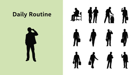 Fototapeta premium Collection of black silhouette icons depicting various stages and activities of a businessman’s daily routine from morning to evening travel