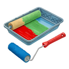 Paint Rollers and Tray with Red, Green, and Blue Paint