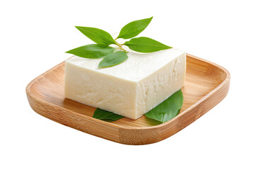 Square block of white tofu on a light-brown wooden plate, garnished with green leaves