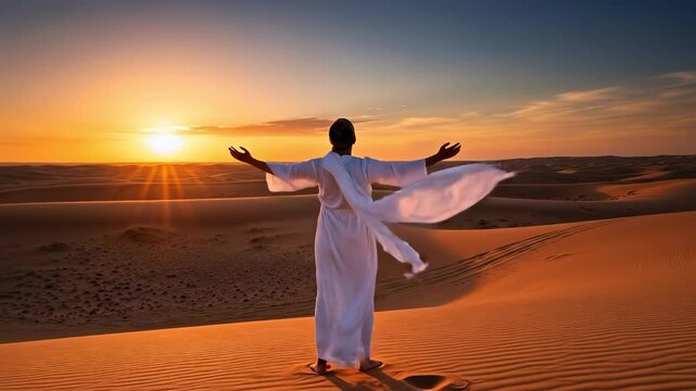 Spiritual young Arab man in white traditional clothing standing on sand dunes in the desert at sunset, praying with raised hands during golden hour.