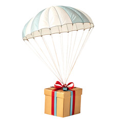 Golden Gift Box Parachuting with Red and Blue Ribbons