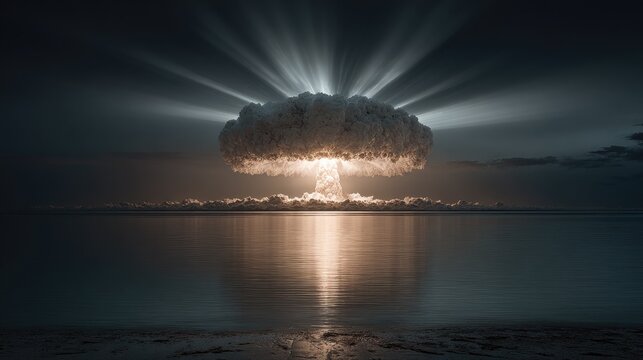 Open ocean nuclear airburst perfect symmetrical mushroom cloud over calm sea bright flash and cap minimalistic yet powerful
