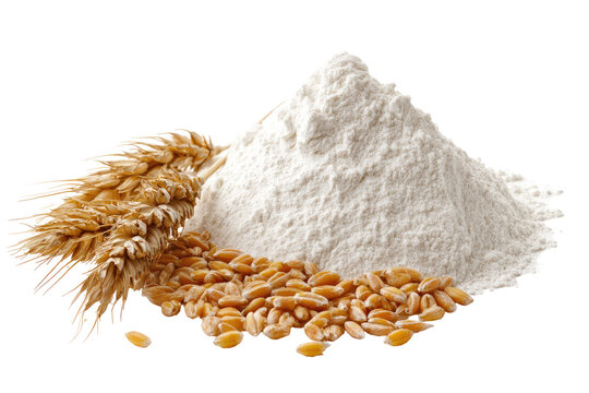 White flour pile with wheat grains and ears