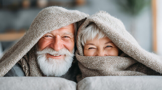 A smiling older couple cuddled on a couch under a blanket, capturing cozy living, winter comfort, and a relaxed retirement lifestyle.
