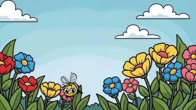 Cute bee flying slowly, happily, then landing on yellow flower in colorful garden with blue sky animation concept