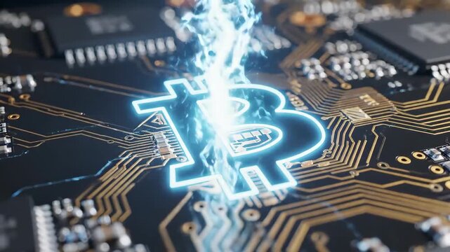 Bitcoin transaction processing on a complex electronic circuit board with glowing neon blue symbol and intricate gold pathways.