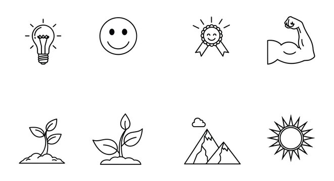 Black and white line icons depicting ideas happiness strength and nature