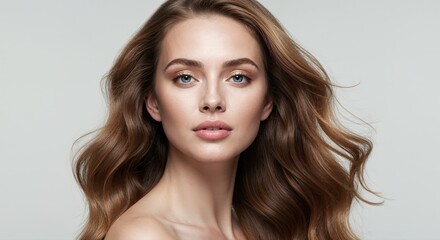 Fototapeta premium Radiant Beauty in Portrait: The enchanting allure of a woman with flowing, voluminous hair, radiating elegance and poised sophistication.