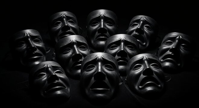 Drama Unveiled: A striking composition of theatrical masks evokes a profound sense of drama, emotion, and storytelling.