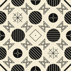 Geometric seamless vector pattern with black circles and shapes  