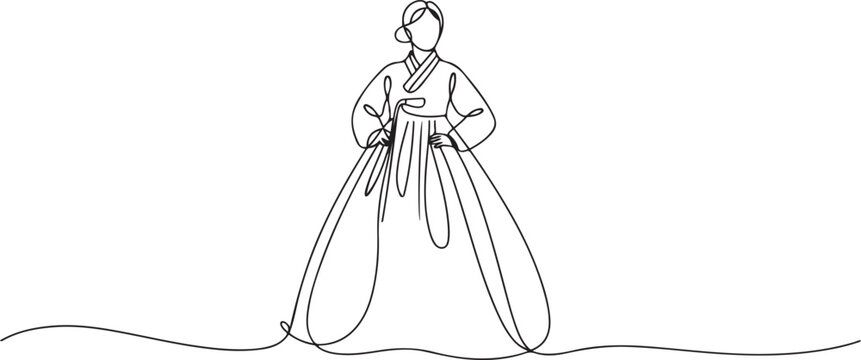 Woman wearing korean hanbok dress in continuous one line drawing. one line Art icon drawing