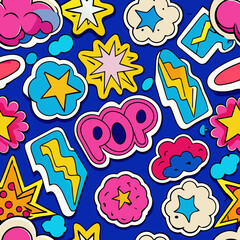Colorful pop art seamless vector pattern with stickers and shapes  