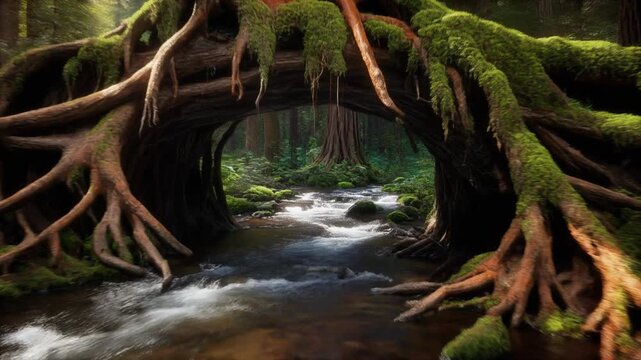 Enchanting Forest Stream Archway Formed by Ancient Tree Roots Covered in Moss
