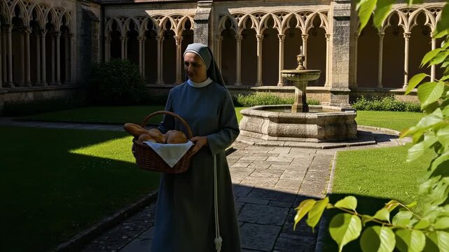 A middle-aged Caucasian nun in a grey habit carrying a basket of fresh bread through a sunny monastery courtyard with a stone fountain and gothic arches.