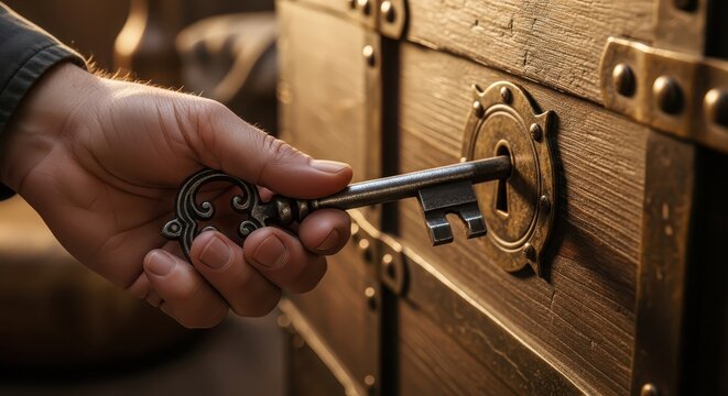 Person inserts antique skeleton key into ornate lock of wooden chest